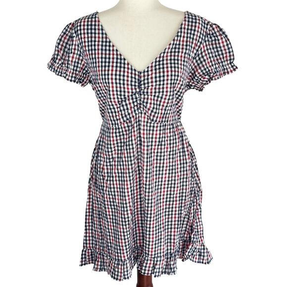 ANGIE GINGHAM V-NECK BABYDOLL MINI DRESS IN‎ BLUE RED NWT WOMEN'S SIZE LARGE - Picture 1 of 14